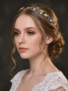 1pc Simple Alloy Leaf Crystal Elegant Hair Band Chic Bridal Hair Accessories For Weddings Anniversaries Events - Silver - View 2