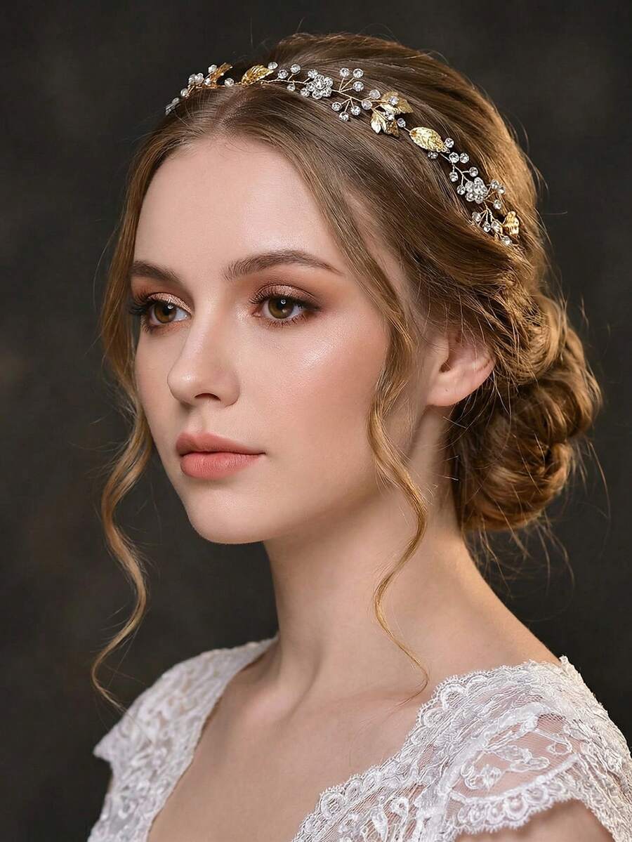 1pc Simple Alloy Leaf Crystal Elegant Hair Band Chic Bridal Hair Accessories For Weddings Anniversaries Events