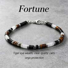 Men Tiger Eye Black Onyx Clear Quartz Disc Bead Bracelet, Silver Spacer Adjustable Lucky Fortune Healing Stone Wrist Jewelry Gift For Him - Multicolor - View 6