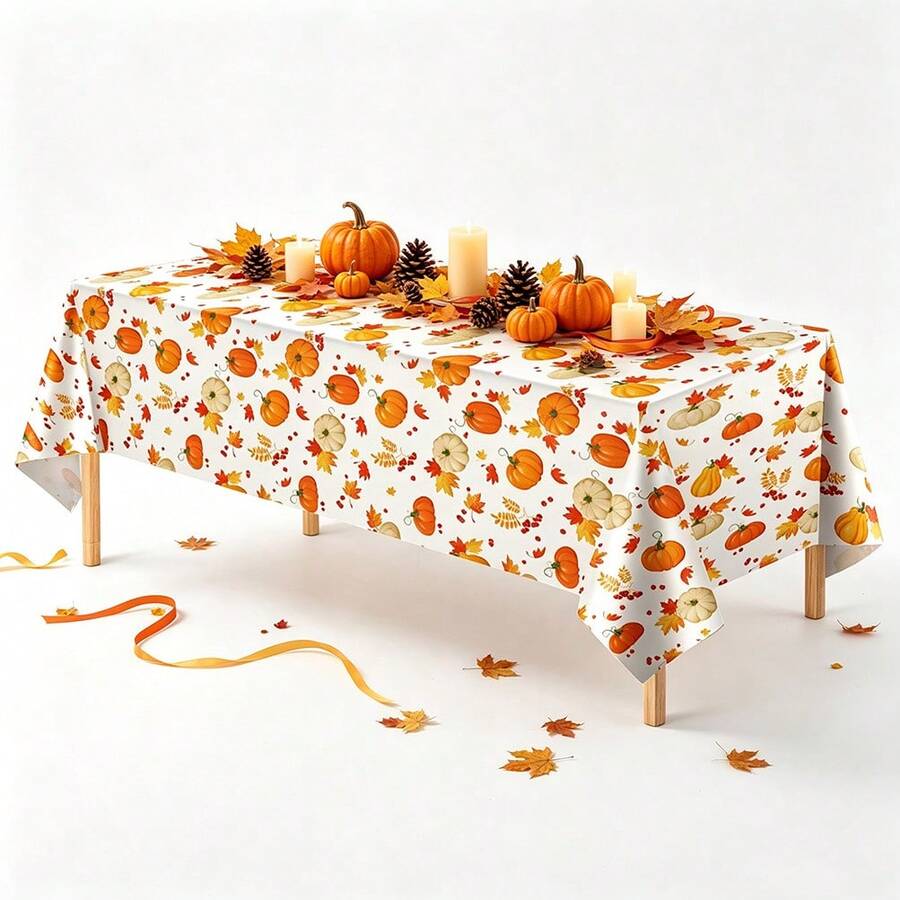 3 Pieces1-Piece Autumn Thanksgiving Tablecloth Disposable Autumn Leaves Tablecloth 54"X108" Pumpkin Rectangular Tablecloth Thanksgiving Party Decoration For Dining Table And Kitchen - Multicolor - View 1