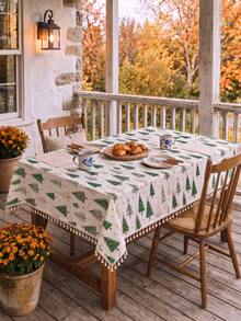 1pc Simple Pastoral Style Green Christmas Tree Pattern Tassel Lace Tablecloth, Single-Sided Printed Polyester Cotton Material, Winter Christmas Festival Atmosphere Rectangular, Square, Round Home Decor Dining Table Cloth, Suitable For Various Occasions Including Family Daily Activities, Birthday Parties, Holiday Gatherings Restaurant Tabletop Decoration - Multicolor - View 8