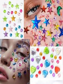 4Pcs/Set Extra Large Colorful Star Heart Flower Shape Rhinestone Jewel Stickers,Self‑Adhesive Eye Face Body Gem Decals For Rave Festival, Carnival, Cosplay And Party Makeup Decorations - Multicolor - View 3