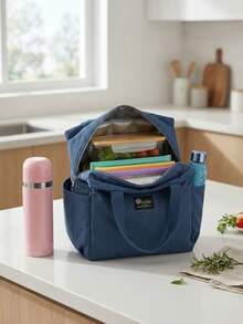 OBOVAY 24-Hour Constant Temperature Lock Aluminum Foil Lining Large Capacity Compartment Lunch Bag, Dual Outer Pockets, Waterproof Stain-Resistant Easy-Clean Lining, Odor-Resistant, Suitable For Commuting, Camping, Travel, Gift Style - Navy Blue - View 4