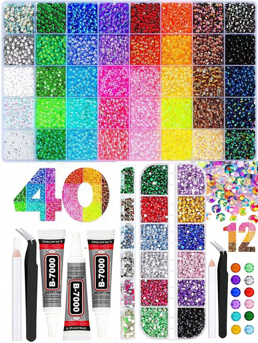 Boxed 40/12-Grid Resin Rhinestone Nail Art Set, Round Crystal Nail Art Rhinestones, Shiny Rhinestone Set, Includes Wax Pencil, Tweezers, Suitable For Nail Art, Tumblers, Clothing, Scrapbooking And DIY Crafts