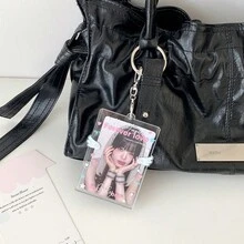 1pc Cute Angel Wings Acrylic Photocard Holder With Keychain, Transparent Heart K-Pop Photo Card Sleeve, Anime Merch Bag Charm Pendant For Girls - Multicolor - View 3
