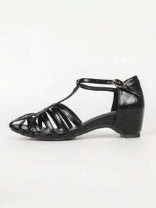 Women's Hollow T-Strap Wedge Sandals, Closed Toe Gladiator Roman Sandals, Ankle Strap Low Heel Fashion Shoes - Black - View 6