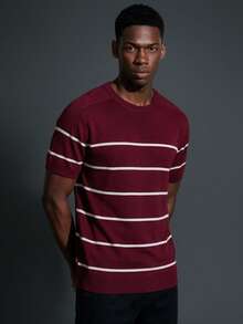 Camvyn Men's Summer Comfortable Casual Crew Neck Raglan Sleeve Striped Slim Fit Short Sleeve T-Shirt - Burgundy - View 1