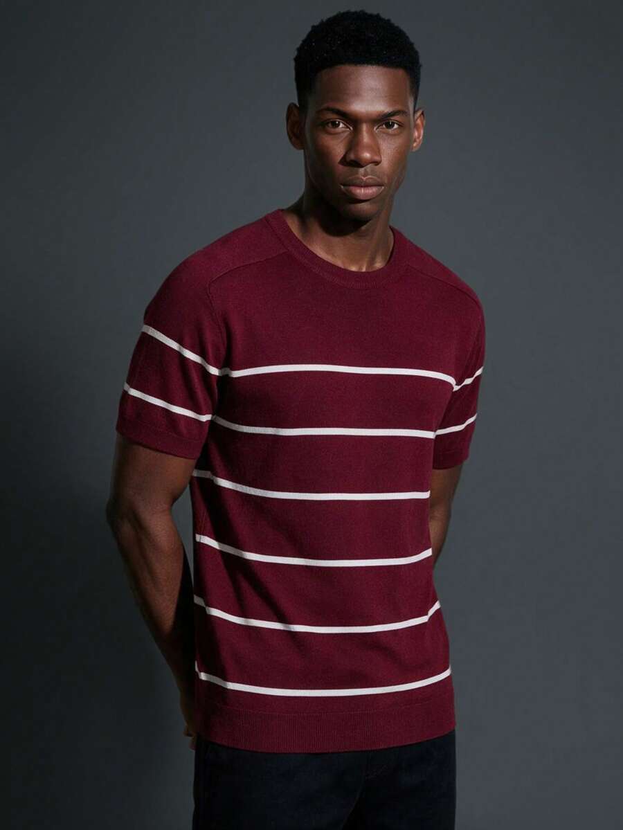 Camvyn Men's Summer Comfortable Casual Crew Neck Raglan Sleeve Striped Slim Fit Short Sleeve T-Shirt - Burgundy - View 1
