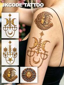 JKCODE TATTOO 4pcs Realistic 3D Sun Moon Star Temporary Tattoo Stickers, Fashion Hand Tattoo Stickers, Rococo Style Waterproof Women's Colorful Printed Tattoo Stickers, Simple Washable Party Tattoo Stickers, Lasts 3-5 Days - Multicolor - View 2