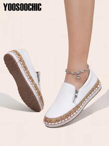 Women's Casual, Soft And Comfortable, Classic And Fashionable, Two-Tone Side Zipper, Double Zipper, Slip-On, Flat Sneakers/White Shoes - White - View 1