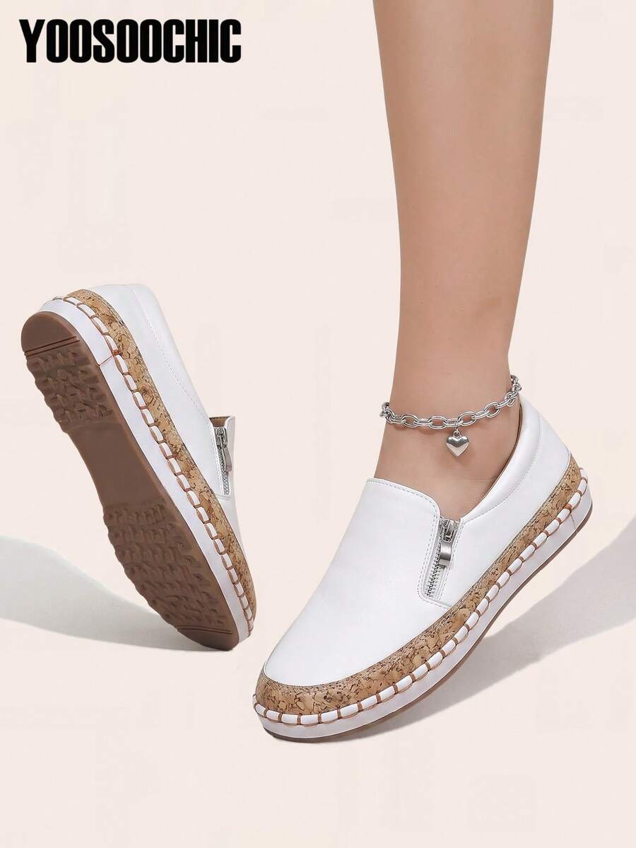 Women's Casual, Soft And Comfortable, Classic And Fashionable, Two-Tone Side Zipper, Double Zipper, Slip-On, Flat Sneakers/White Shoes - White - View 1