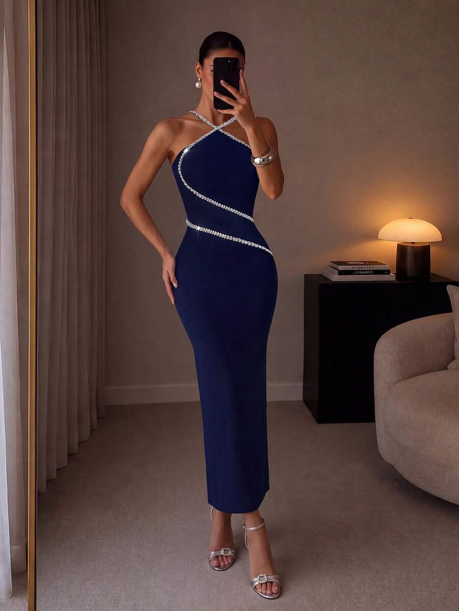 ADYCE Elegant Handmade Rhinestone High Waist Backless Slit Party Dress, Prom, Homecoming, Wedding Guest Evening Gown Fall - Navy Blue - View 1
