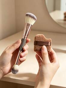 1pc/2pcs Dual‑Ended Makeup Brush With Powder Puff Set, Soft Synthetic Bristles Blush Contour Highlighter Brush, Portable Cosmetic Tool For Daily Makeup - Multicolor - View 2