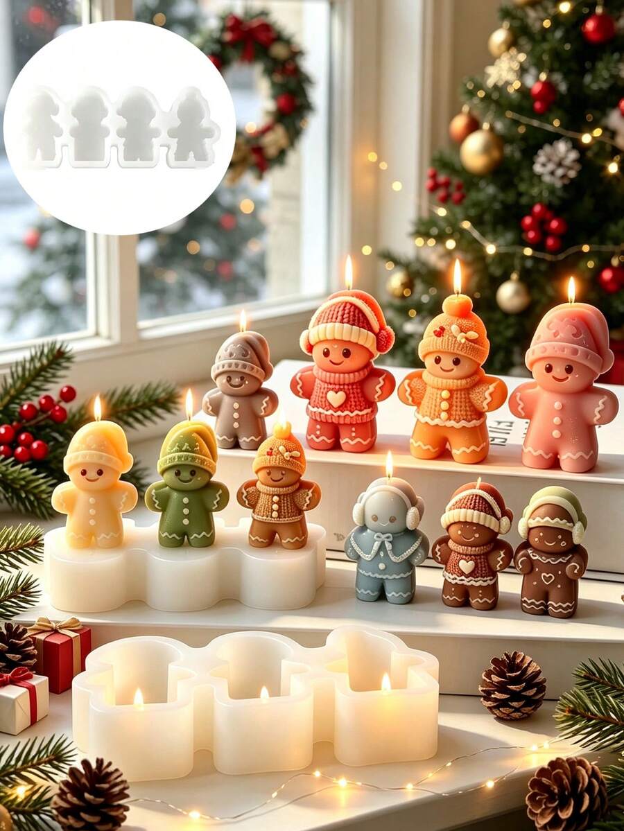 Christmas Gingerbread Silicone Mold Set With Lollipop Detail Cute Doll Shape, Durable Reusable Mold For Candle Making, Fragrance Stone, Handmade Soap, Plaster Art, Cookie Baking, Indoor Holiday Atmosphere Decoration, DIY Handmade Tools, Christmas, New Year, Holiday Gift - A - View 1