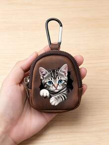 Cute Cat Print Mini PU Leather Earphone Storage Bag, Portable Zipper Coin Purse With Carabiner Clip, Keychain Pouch, Small Accessory Organizer - Multicolor - View 4