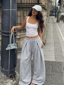 Streetwear High Waist Loose Pleated Wide Leg Casual Sweatpants - Light Grey - View 4