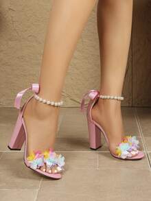 Elegant Gold Pearl Butterfly Wrap 11cm Chunky Heel Single Strap Floral High Heel Sandals For Women - Pink - View 4