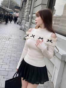 Apricot Lace Patchwork Bow Long Sleeve Knit Sweater Women Autumn/Winter Gentle Style Slim Fit Base Layer Top - Apricot - View 6