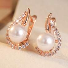 Women's Elegant Curved Earrings, Embellished With Faux Pearls, Perfect Jewelry Gift Choice - Gold - View 6