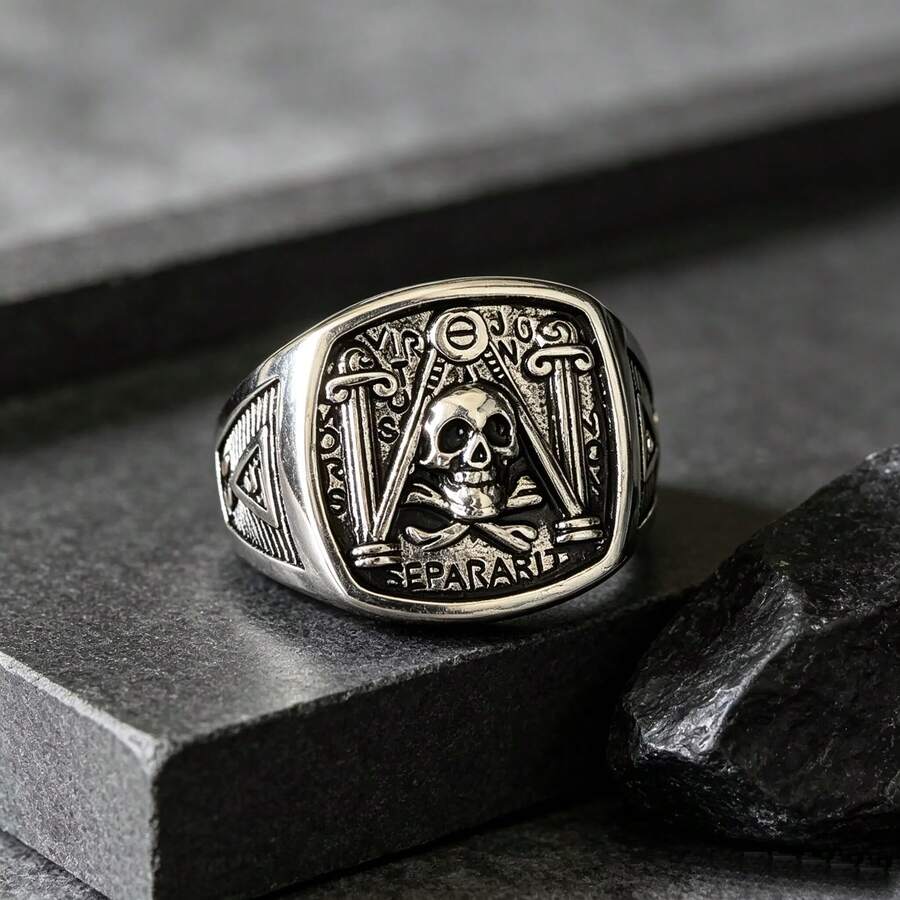 Gothic Cross Bone Men's Ring, European Style Pillar Letter Engraved Wide Band Ring, Personalized Men's Accessory, Halloween Gift - Multicolor - View 1