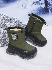 Children's Winter Snow Boots, Boys' Warm Suede Lining, Side Zipper Straps, Thick Soled Outdoor Boots Suitable For Infants And Young Children - Green - View 5