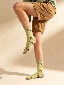 1/5 Pairs Cartoon Wild Animal Series Mid-Calf Socks, Contrast Color Ribbed Cuff, Comfortable Casual Long Socks, Suitable For Autumn/Winter Wear, Unique Niche Design, Thanksgiving Christmas Gift, Unisex Versatile Fashion Accessory - Multicolor - View 3