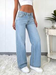 Women's Casual Light Blue Straight-Leg Jeans, Water-Washed Design With Versatile Tailoring, Comfortable And Stylish For Daily Wear - Light Wash - View 4
