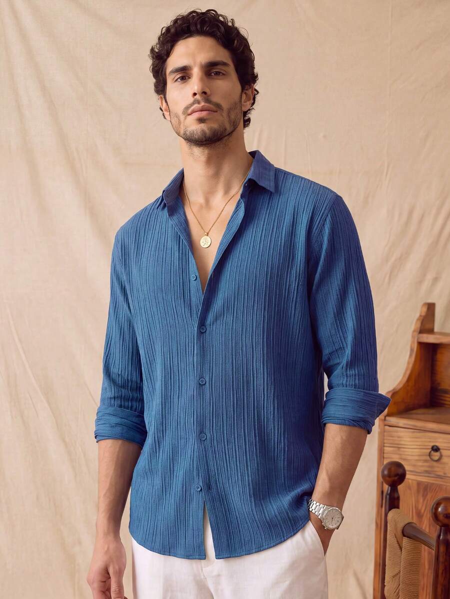 glestore Men's Retro-Style Old-Money Casual Solid-Colour Simple Textured Striped Long-Sleeved Shirt, Fashionable And Versatile. - Navy Blue - View 1