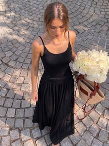 Solid Color Elegant Party Knit Fabric Backless Asymmetric Dress, Suitable For Vacation, Date, Bachelorette Party, Back To School Party, Summer - Black - View 2