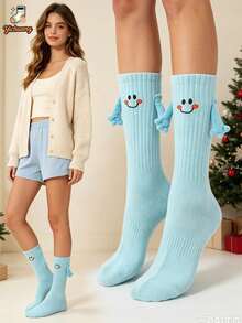 1/2 Pairs Cute Funny Smiling Face Embroidered Automatic Magnetic Attachment Holding Hands Mid-Calf Socks For Couples - Multicolor - View 5