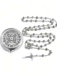 2pcs/Set Vintage Silver St. Benedict Metal Rosary Set With St. Benedict Medal Stainless Steel Storage Box, Crucifix, Catholic Cross Rosary, Religious Gift Set For Baptism, First Communion, Daily Prayer, Worship, Faith Accessory, Ideal Gift For Baptism, First Communion, Holidays - Antique Silver - View 8