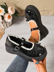Women's Bow Contrast Color Mary Jane Platform Shoes, Thick Wedge Sole, Cute Preppy Style, Sweet Cool Retro Buckle Strap, Comfortable For Commuting And Daily Wear - Black - View 4