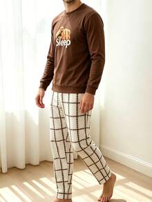 Men's 2 Pieces Pajama Set, Round Neck Long Sleeve Top With Bear & Letter Print, Plaid Long Pants, Fun Retro Casual Comfortable Loungewear - Multicolor - View 5