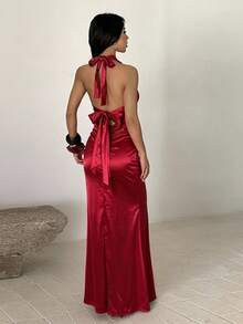 Burgundy Elegant Backless Spaghetti Strap Sleeveless Dress, Sexy Slim Fit Knit Fabric - Burgundy - View 4