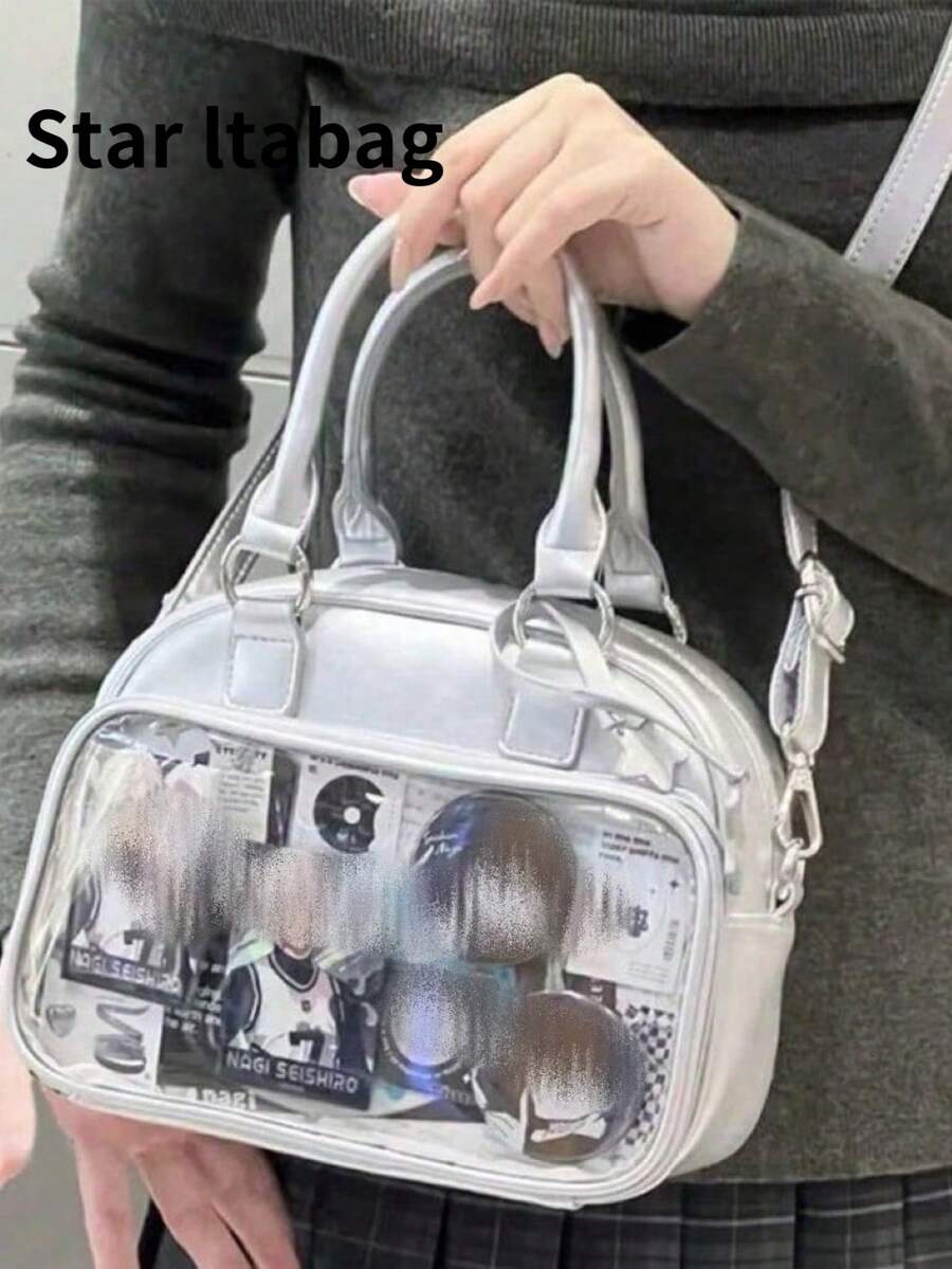 日本原宿风格可爱卡通卡片徽章元素单肩包、手提包和背包三合一，适合女性和学生，用途广泛