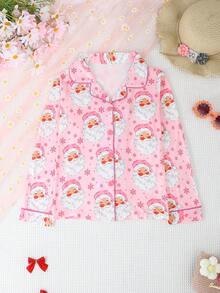 2pcs/Set Girls Autumn/Winter Casual Cartoon Santa Claus Print Lapel Long Sleeve Cardigan And Pants Pajama Set Flame Retardant All Seasons Christmas - Pink - View 3
