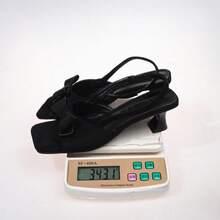 Women's Summer Black Bow High Heel Sandals With Single Strap, Kitten Heel, Fabric Back Slingback, Open Toe Square Toe Outdoor Wear Slides - Black - View 6