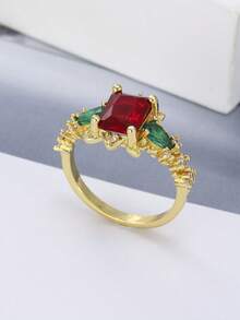 ZHIXUN 1pc Fashion Vintage Gold Floral Silk Red Synthetic Zirconia Ring, Exquisite Luxury Bridal Ring, Suitable For Women Wedding Party Gift - Ring - View 8