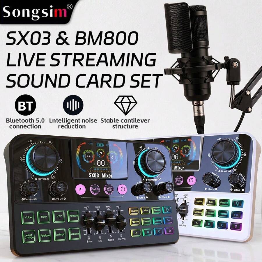 Songsim-SX03 Professional Vocal Mixer, Dedicated Sound Card For Live Streaming/Recording, Supports EQ Adjustment, Track Control, Reverb Adjustment, Bluetooth Accompaniment Multi-Function Digital Sound Card, Suitable For Live Streaming, Recording, Gaming, Singing, Musical Instruments - Multicolor - View 1