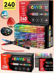 Flysea 12-288 Colors Acrylic Paint Marker Pens, Liquid Ink Automatic Flow Control Acrylic Paint Markers, Richer Ink, Smooth Ink Flow, Comprehensive Color Classification, Stackable Colors, Strong Coverage, Felt Tip Pen Stationery Set, Suitable For Canvas, Rock Painting, Wood, Stone, Glass, Ceramic, Fabric Painting, DIY Crafts, Back To School Supplies - Multicolor - View 3