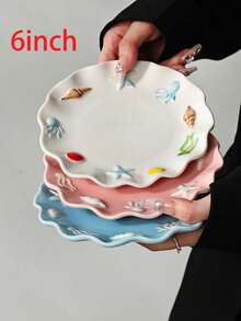 1pc/2pcs/4pcs 6-Inch Embossed Shell & Starfish Ceramic Plate, Ocean Style Dopamine Fruit Plate, Snack & Appetizer Dish, Nut & Candy Bowl, Bone Dish, Cake & Dessert Plate, Jewelry Storage Tray, Multi-Purpose, Party Supplies, Hotel Tableware, Elegant Gift - Multicolor - View 11