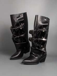 GOGD Sepatu Bot Setinggi Lutut Wanita dengan Bordir, Hak Tebal, Ujung Lancip, Bagian Depan yang Dapat Dilepas, Betis Lebar, Model Longgar - Hitam - View 11
