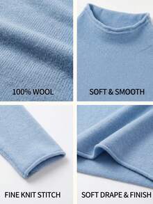 "Soft Light Filter" Lake Blue Long Sleeve Rolled Hem Mock Neck Base Layer Knit Sweater 100% Merino Wool Autumn New Versatile Slimming Soft Elegant Comfortable Top - Lake Blue - View 5