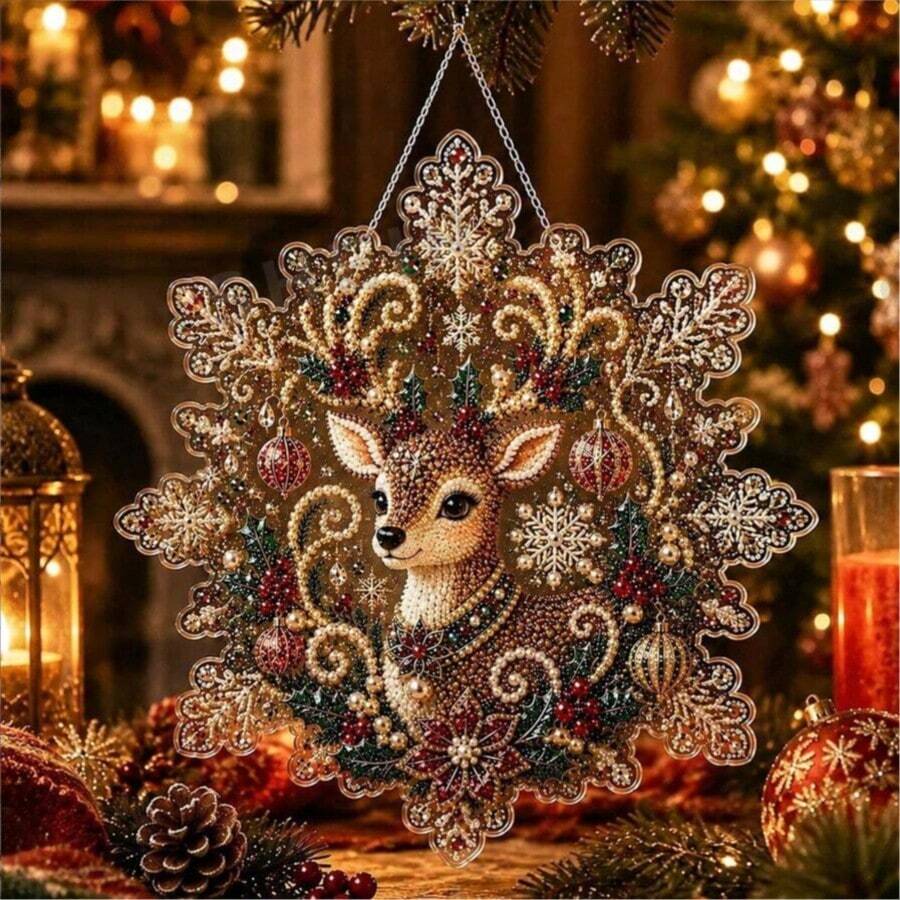 Christmas 2D Flat Deer Snowflake Diamond Painting Pendant DIY Rhinestone Pearl Painting Acrylic Hanging Decoration Holiday Door Window Decor Gift - Sets - View 1