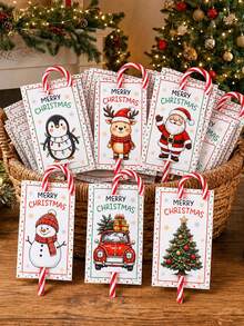48pcs Christmas Candy Cane Gift Cards With Bow, Santa Claus Penguin Reindeer Snowman Pattern Candy Cane Holder Labels, Christmas Gift Packaging, Merry Christmas Labels, Baby Shower Christmas Party Favors, Christmas Decorations, Home Decor, Merry Christmas Gifts, Christmas Baby Party Supplies - Multicolor - View 2