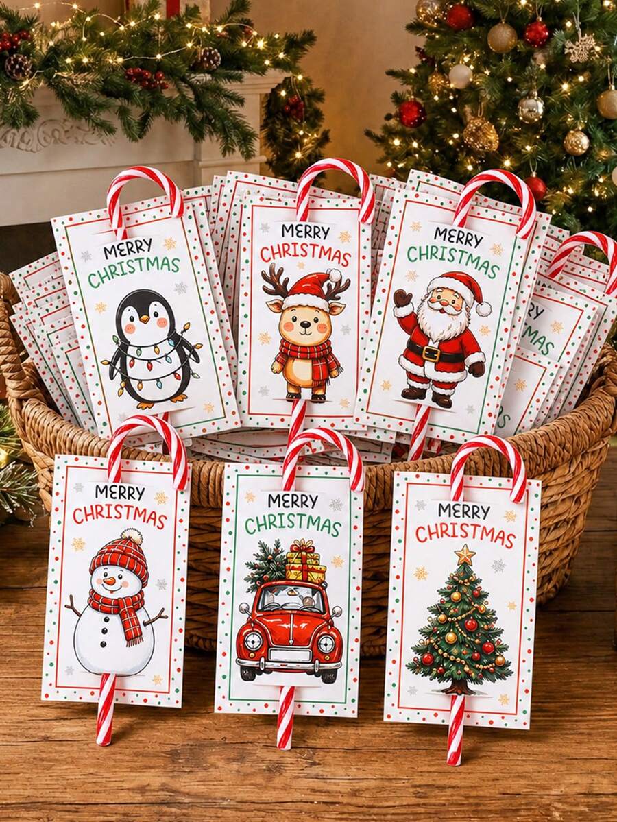 48pcs Christmas Candy Cane Gift Cards With Bow, Santa Claus Penguin Reindeer Snowman Pattern Candy Cane Holder Labels, Christmas Gift Packaging, Merry Christmas Labels, Baby Shower Christmas Party Favors, Christmas Decorations, Home Decor, Merry Christmas Gifts, Christmas Baby Party Supplies