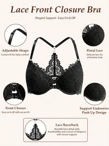 Women's Front Closure Lace Underwire Push-Up Bra, Beautiful Back Design, Breathable & Comfortable, Lift & Push-Up, Suitable For Daily Casual Wear, Comfortable & Confident - Black - View 8