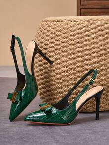 2026 New Premium Bright Green Stone Texture Closed Toe Slingback Pumps For Women, Elegant Bow Metal Buckle Stiletto High Heels, Suitable For Commuting, Banquet, Date, Party - Green - View 7
