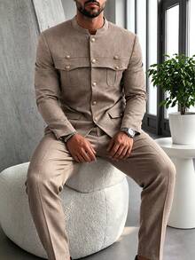 Spring/Autumn Men's Formal Suit Jacket And Pants Set, Casual Fashion Design, Casual Daily Wear, 2 Pieces Suit Set - Camel - View 2