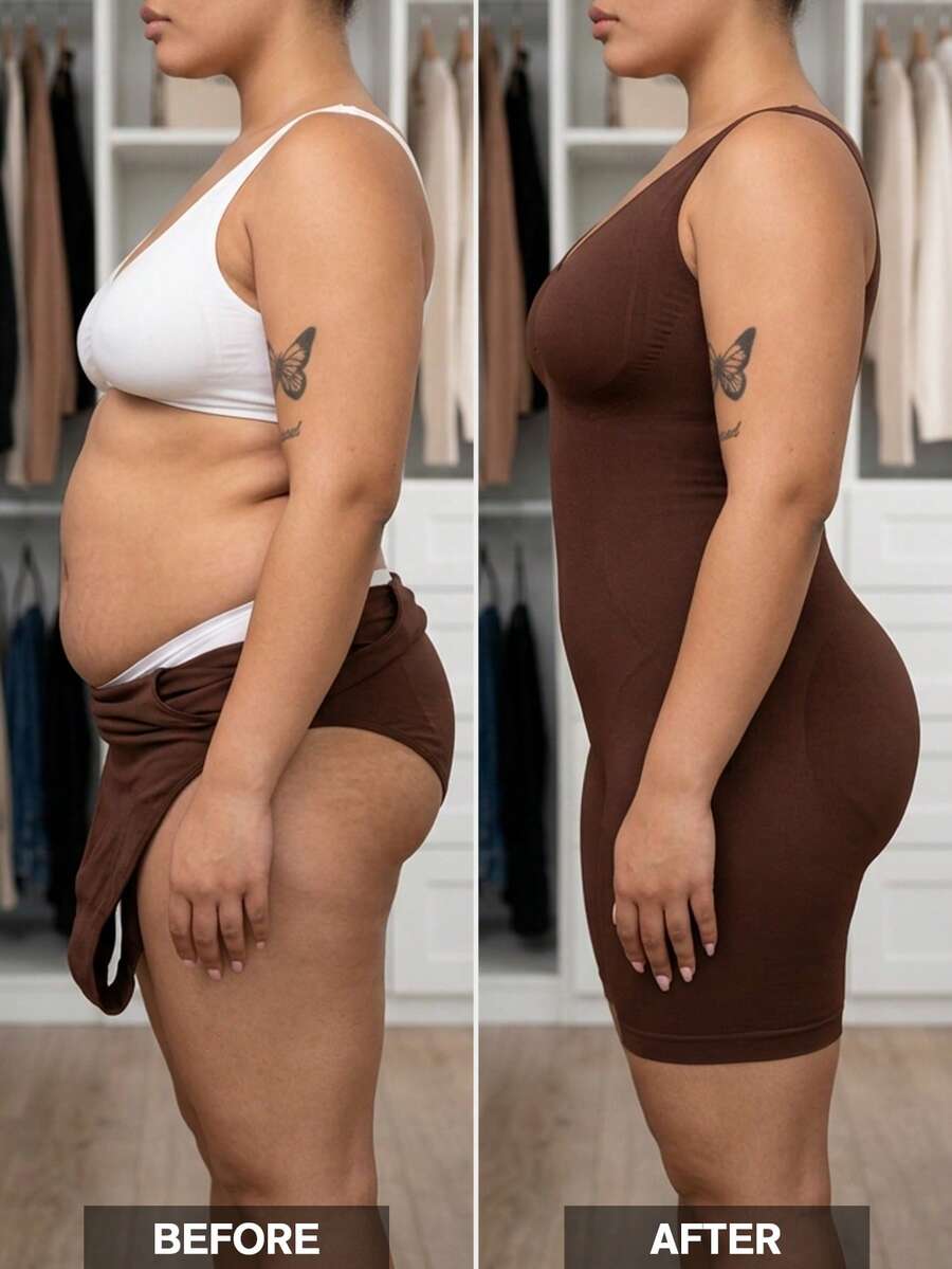1pc Plus Size Women's Jumpsuit Shapewear Tummy Control Butt Lifting Seamless Underwear Briefs - Brown - View 1
